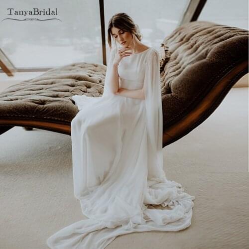 A Line Chiffon Wedding Dresses With Long Cape Fairy Bohemian Beach Bridal Gowns Vestido De Noivas Chic DW341