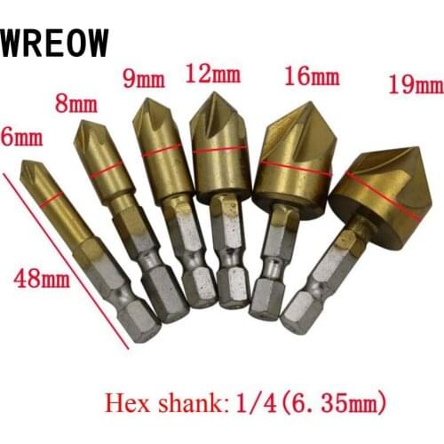 6PCS 5 Flute Chamfer Countersink Drill Bit 1/4" Hex Shank HSS Wood Chamfering Cutter Chamfer 6mm-19mm Countersink Drill Bit New