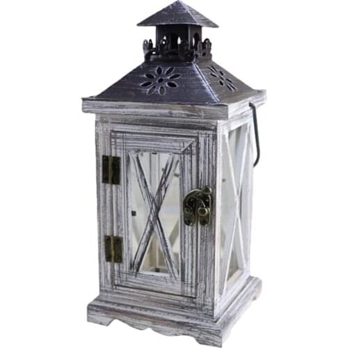 Rustic Style Vintage Distressed Wooden Lantern Decorative Hanging Pillar Candle Holder Candlesticks for Tabletop Wedding
