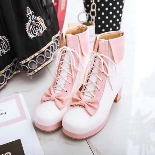 Lolita Boots Sweet Girls Female Kawaii Japanese Cute Anime Lolita Shoes Women Boot Harujuku Cosplay Feminine Mid Chunky Heel 5cm