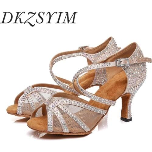 DKZSYIM Women Latin Dance Shoes Gold/Silver/Black Ballroom Tango Sandals Girls Sequined Cloth Paryt/Wedding shoes High-Helled