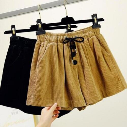 Fall Spring Casual Women Lady Black Khaki Elastic Waist Wide Leg Corduroy Shorts , Autumn Winter Female Woman Slim Loose Shorts