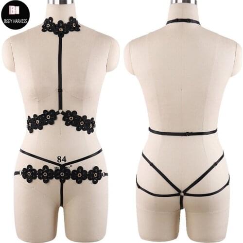 Women Rave Goth Body Harness Flowers Lace Crop Top Black Cage Bra And G-string Fetish Bondage Set Pole Dance Sexy Lingerie