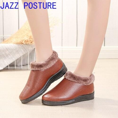Winter home mother shoes plus velvet thick cotton shoes PU surface waterproof anti-ski boots thick bottom cotton shoes womenq405