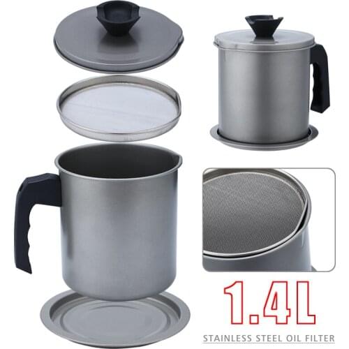 1.4L Stainless Steel Oil Filter Pot Can Grease Dripping Strainer Large Capacity Filter Oil Separator Storage Tank Kitchen Tools
