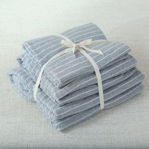4pcs 100% Cotton Elegant Gray color bed cover set stripe bedsheets jersey Knitted fabric simple for men boyfriend soft