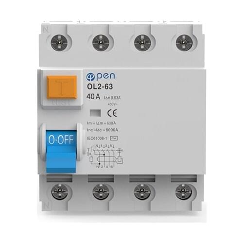 4P 40A A Type for DC&AC Use Residual Current Circuit Breaker RCCB OL2-63 Series for Overload and Short Circuit Protection