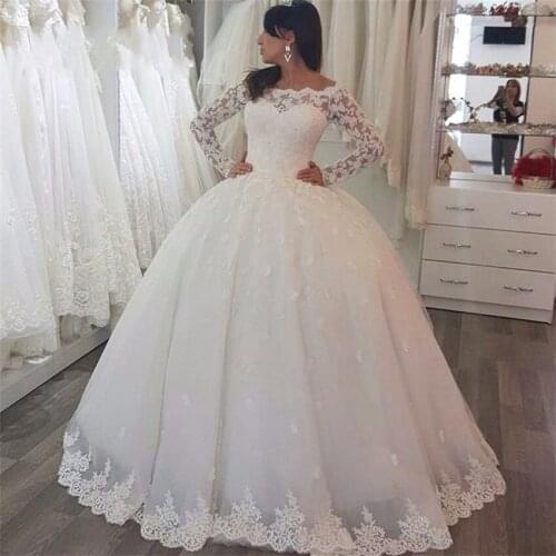 White Appliuqes Long Sleeves Puffy Wedding Ball Gowns Dresses Custom Made Princess Bridal Formal Maxi Gown Vestido de Casamento