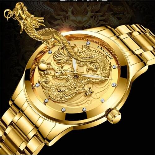 FNGEEN Mens Watch Men Gold Stainless Steel Brand Dragon Waterproof Men Sculpture Luxury Quartz Wrist Watch Relogio Masculino
