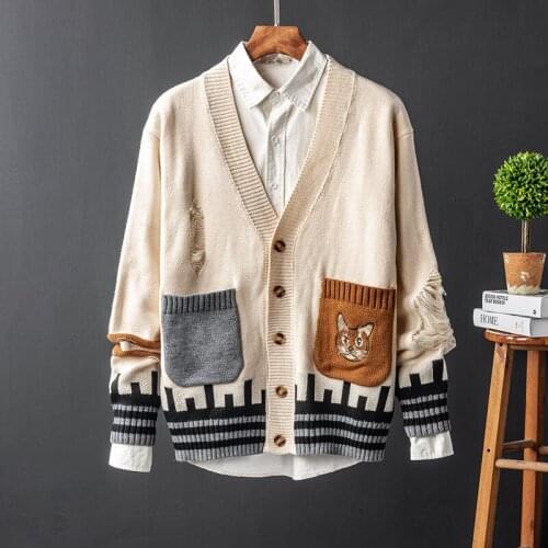 Mens sweater retro contrast color V-neck knitted cardigan mens trend handsome broken hole sweater coat mens sweater top