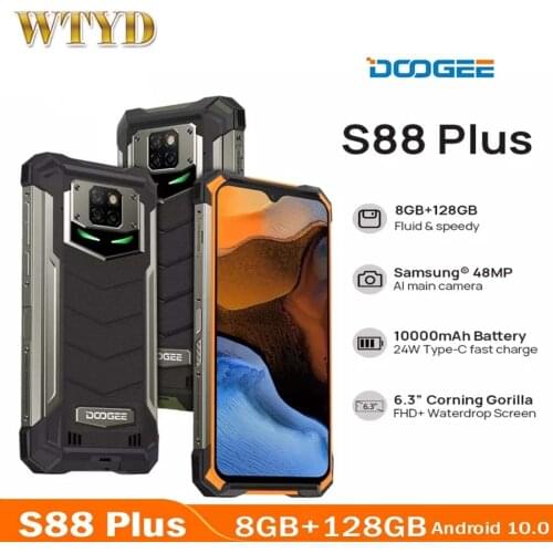 DOOGEE S88 Plus 10000mAh Super Battery IP68 Waterproof 4G Mobile Phone 6.3' 8GB 128GB Android 10 NFC Wireless Charge Smartphone