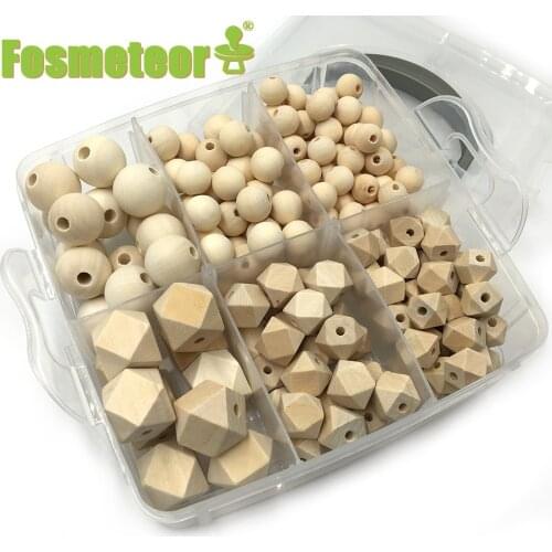 Fosmeteor DIY Nursing Jewelry Combination Package Blending Natural Round Geometry Hexagon Wooden Beads Baby Teether Toys Set