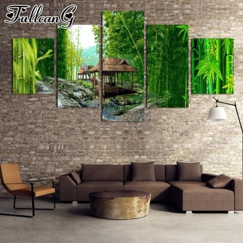 FULLCANG diy 5pcs Green Bamboo Wooden House diamond painting rhinestone full square/round drill mosaic embroidery picture FC1934