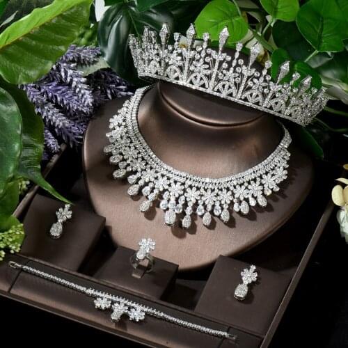 HIBRIDE Exclusive Design Wedding Bridal Jewelry Set Ladies Hair Accessories Headband Crown 5pcs Necklace and Earring Set N-1632