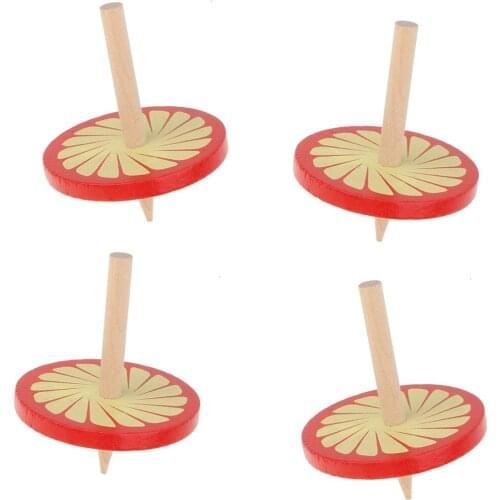 Red Wooden Spinning Top Peg-Top Gyro Toy Set, Kids Game Playset Gift Pack of 4