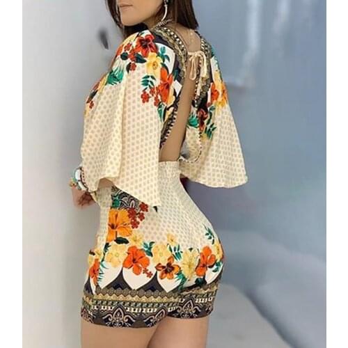 Summer Ladies Jumpsuit Casual Printed Floral Three-quarter Sleeves Open Back Sexy Deep V Jumpsuit One-piece Womens Clothing