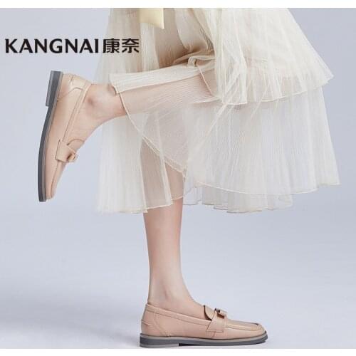 KANGNAI Flats Women Shoes Genuine Cow Leather Bow-Knot Loafers Casual Slip-On Ladies Shoes