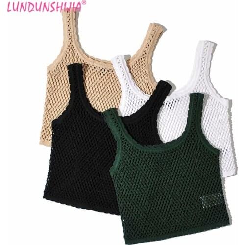 LUNDUNSHIJIA 2020 Summer Short Style Lace Tank Tops Women Mesh Hollow Out Knitting Camisole Tops Ladies Vest Singlets