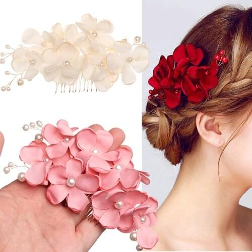 Fashion Romantic Bridal Flower Hair Pin Red Pink Bridesmaid Crystal Hair Clip Hairpin Comb Elegant Hair Jewelry Accessories