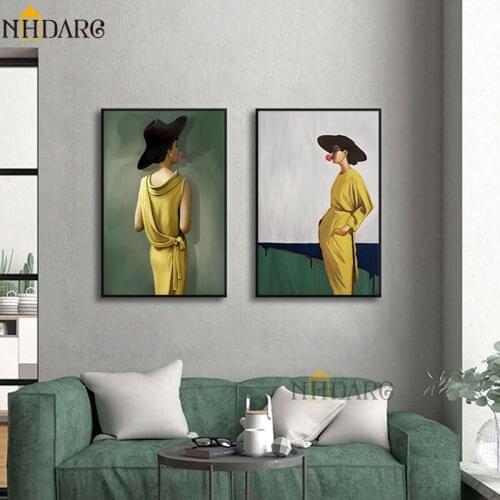 Vogue Fashion Canvas Print Poster Painting European Modern Style Yellow Dress Woman Wall Pictures Art Home Decor for Living Room