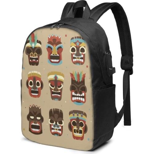 Fashion Backpack Fun Collection Smiley Tiki Masks Student School Bag For Boy Girl Teenager USB Charge Computer Laptop Back Pack