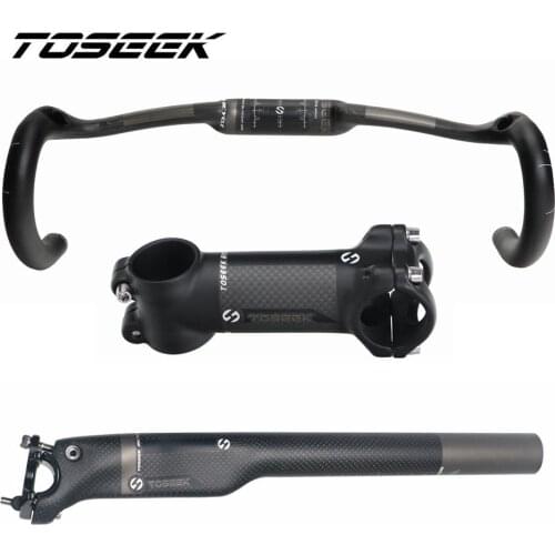 TOSEEK Bike Road Bent Bar Sets Carbon Fiber Handle Bar Seat Post Stem Bicycle Handlebar Parts