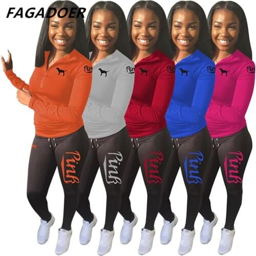 Fagadoer PINK Letter Print Long Sleeve Zip Sweatshirt + Pants Casual 2 Piece Set Autumn Women Tracksuits Sport Outfits Sweatsuit