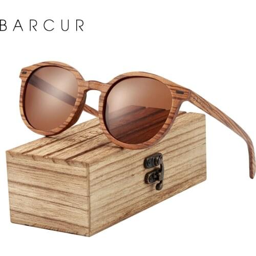 BARCUR Retro Deisgn 2021 Stylish Cat Eey Zebra Wood Sunglasses Round Polarized Men Women Sun glasses UV400