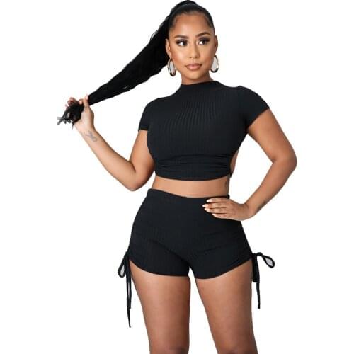 Solid Color Backless Short Sleeve Bandage Crop Top Tee And Biker Shorts Pants Workout Two Piece Sets Womens Outfits Tracksuit