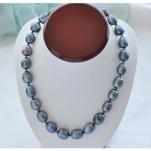Huge 12-14mm Tahitian black green round pearl necklace 18"