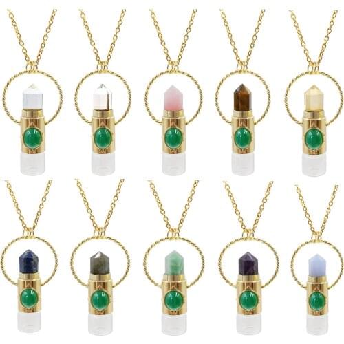 Natural Stone Rollerball Perfume Bottle Pendants Crystal Quartz Essential Oil Diffuser Gems Glass Vial Charms Urn For Necklace