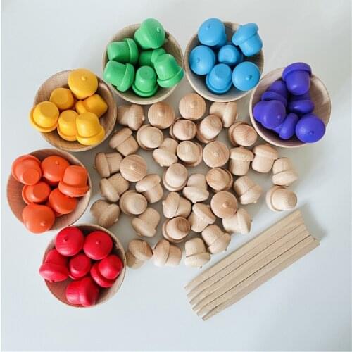 Montessori Color Sorting Games Sensory Toys Clip Hazelnut Fine Motor Skills Baby Loose Parts Beech Bowl Educational Wooden Toys