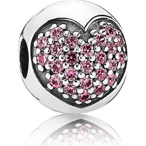 S925 Silver Bead Charm Pave Crystal Love Heart Clip Lock Stopper Bead for Women Bracelet DIY Jewelry