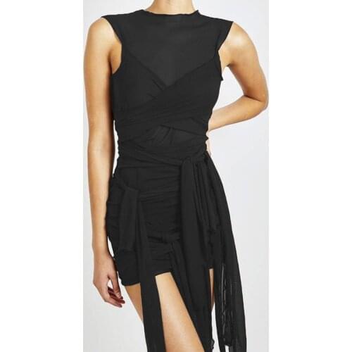 Ribbons Mesh See Through Bodycon Party Dresses Women Sexy Clubwear Mini Dress Solid Sleeveless Basic Female платье Outfits