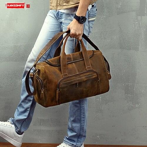 Mens Handbag Men Travel Bag Leather Retro Luggage Bag Male Shoulder Portable Bags Original Large Capacity Crazy Horse Leather