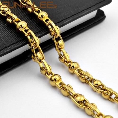 SUNNERLEES 316L Stainless Steel Necklace 7mm Geometric Beads Link Chain High Polished Gold Color Men Women Jewelry Gift SC191 N