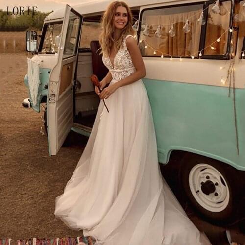 LORIE Bohemian Wedding Dresses Beach V Neck A Line Bridal Gowns Backless Modern Robe de mariee 2020 Wedding Gowns Plus Size