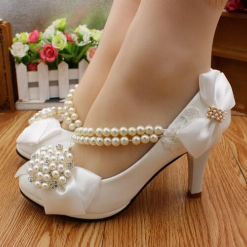 High Heeled Bridal Shoes Bowknot Womens Shoes Pointed Toe String Bead Thin Heels Wedding Shoes Handmade Pumps Shoes For Brides