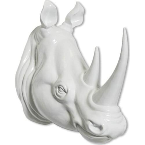 Resin Exotic Rhinoceros Head Ornament White Animal Statues Crafts for Home Hotel Wall Hanging Art Decoration Gift