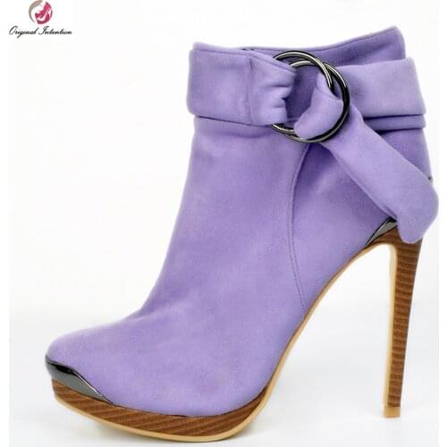 Original Intention Elegant Women Ankle Boots Beautiful Round Toe Thin Heel Boots High-quality Purple Shoes Woman Plus Size 4-15
