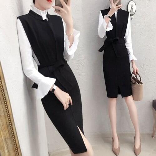 2019 New Autumn Pencil Dress And Solid Shirt Two Piece Set Office Lady Women Belt Sleeveless Sundress Casual Outfits Suit DD2002