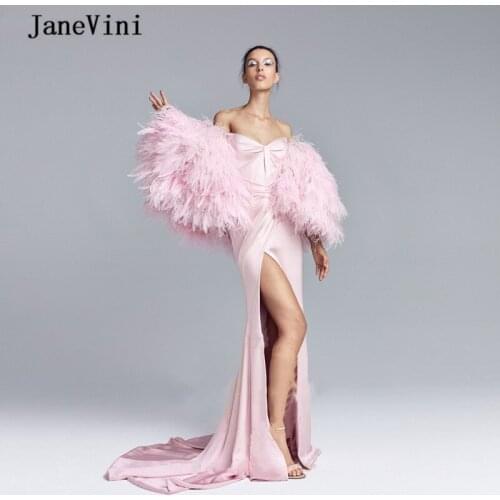 JaneVini 2020 Dubai Design Mermaid Long Dresses with Feathers Flared Sleeves Strapless Sexy High Split Satin Women Formal Dress