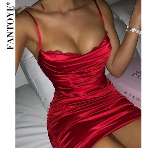 Fantoye Off-shoulder Lace Ruched Mini Dress Women Red Spaghetti Strap Drawstring Skinny Dress Clubwear Ladies Backless Vestidos