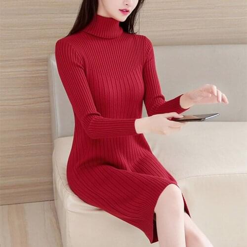 Autumn Knitted Dress Women Fashion Thin Turtleneck Sweater Dresses High Waist Long Maxi Thicken Long Sleeve Clothing Basic Dress