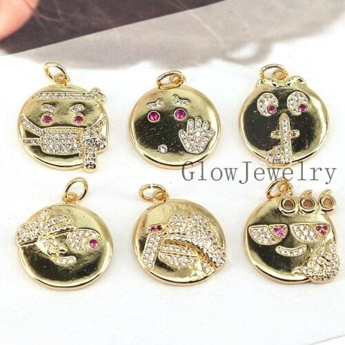 10Pcs ,Handmade DIY Brass CZ Micro Pave Cute Happy/Sad/Cry Face Gold Filled Pendant Charm Jewelry