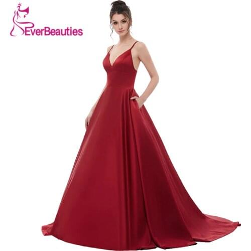Wine Red Sexy Satin Evening Dresses Long 2020 A line Prom Dresses Evening Party Gown Open Back Robe De Soiree with Pockets
