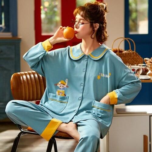 Chicnymph Autumn Pyjamas Women Cotton Long Sleeve Pajamas Set Cartoon Turn-down Collar Cardigan Pijama Mujer Sleepwear