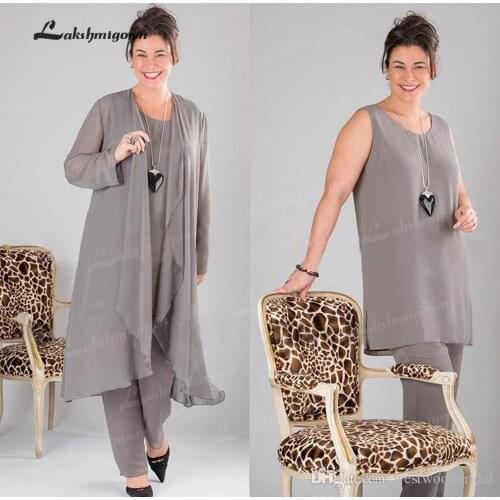 Elegant 3 Pcs Chiffon Mother of the Bride Dresses Ruffles Long Sleeve Dress Suits With Jacket Outsuit Plus Size For Wedding