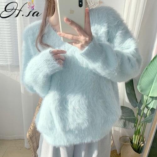 Hsa2021 V-neck Mink Fake Fur Mohair Sweater Womens Fleece-Lined Thickened Pullover Base Winter Loose Oversized PullMohair