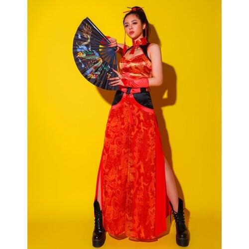 Chinese Style Retro Gogo Dance Costume Sexy Red Suit Jazz Dance Singer Nightclub Dj Clothing New Year Show Stage Outfit BL5507
